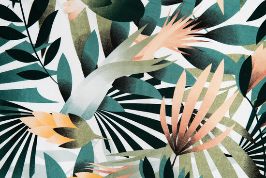 Palm leaves (green, apricot) on a white background